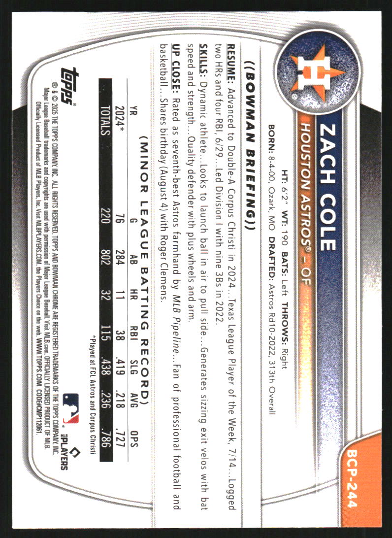 2025 Bowman Chrome Prospects Mini-Diamond Refractors #BCP244 Zach Cole