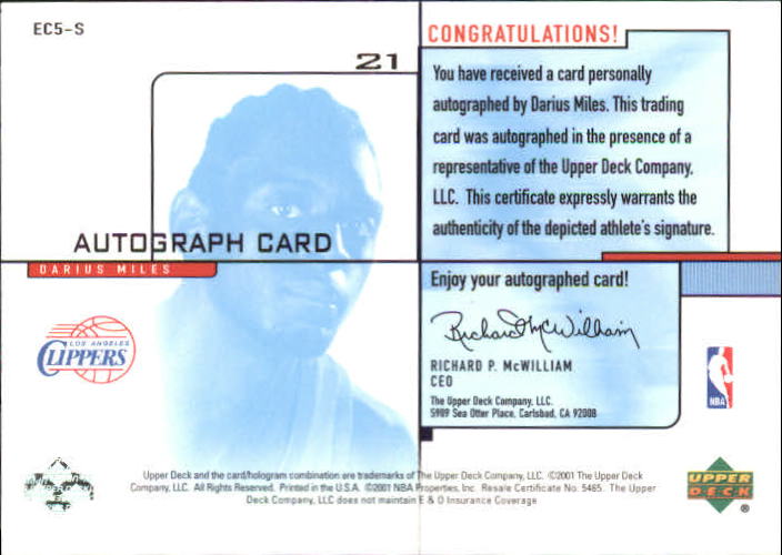 2000-01 Upper Deck e-Card 2 #EC5S Darius Miles AU/200 back image