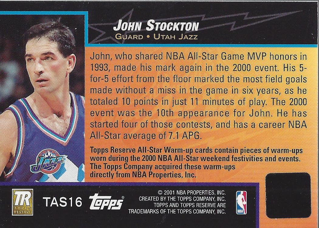 2000-01 Topps Reserve Game Jerseys #TAS16 John Stockton A back image