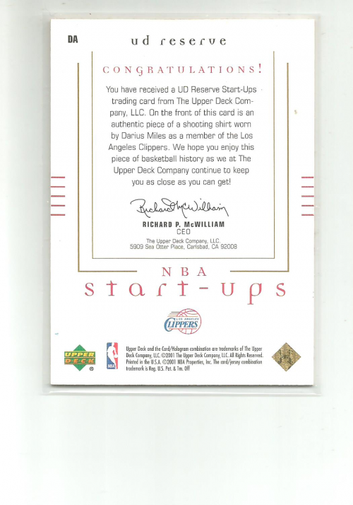 2000-01 UD Reserve NBA Start-Ups #DA Darius Miles back image