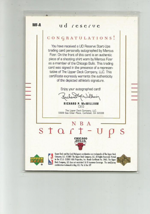 2000-01 UD Reserve NBA Start-Ups Autographs #MFA Marcus Fizer back image