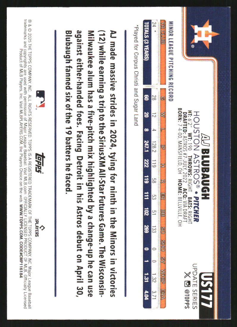 2025 Topps Update Diamante Foil #US177 AJ Blubaugh