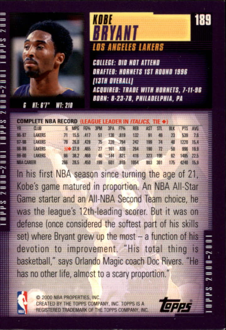  2000-01 Topps #189 Kobe Bryant Los Angeles Lakers NBA