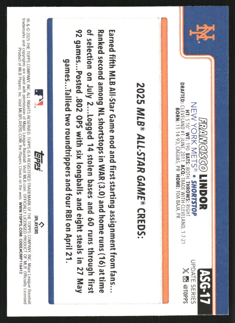 2025 Topps Update '25 All-Star Game #ASG17 Francisco Lindor