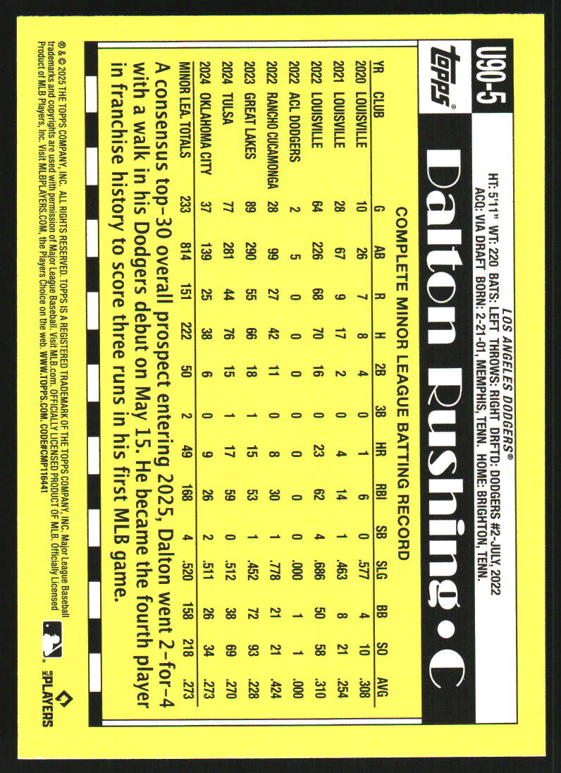 2025 Topps Update '90 Topps #U905 Dalton Rushing