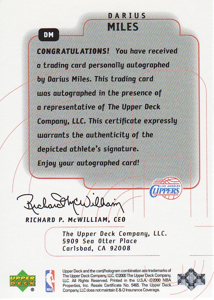 2000-01 SPx UD Authentics Rookie Exclusives #DM Darius Miles back image