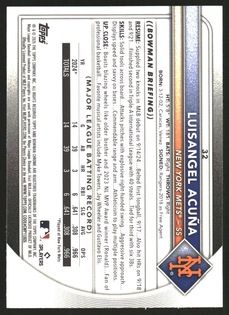 2025 Bowman Chrome Sapphire #32 Luisangel Acuna RC