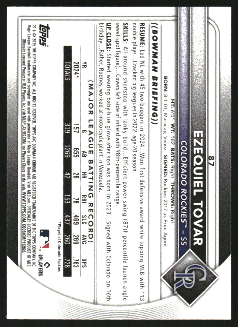 2025 Bowman Chrome Sapphire #87 Ezequiel Tovar