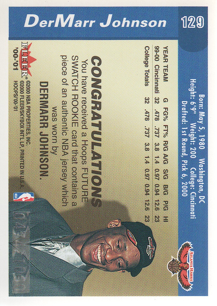 2000-01 Hoops Hot Prospects #129 DerMarr Johnson JSY RC back image