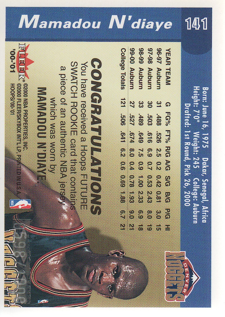 2000-01 Hoops Hot Prospects #141 Mamadou N'Diaye JSY RC back image