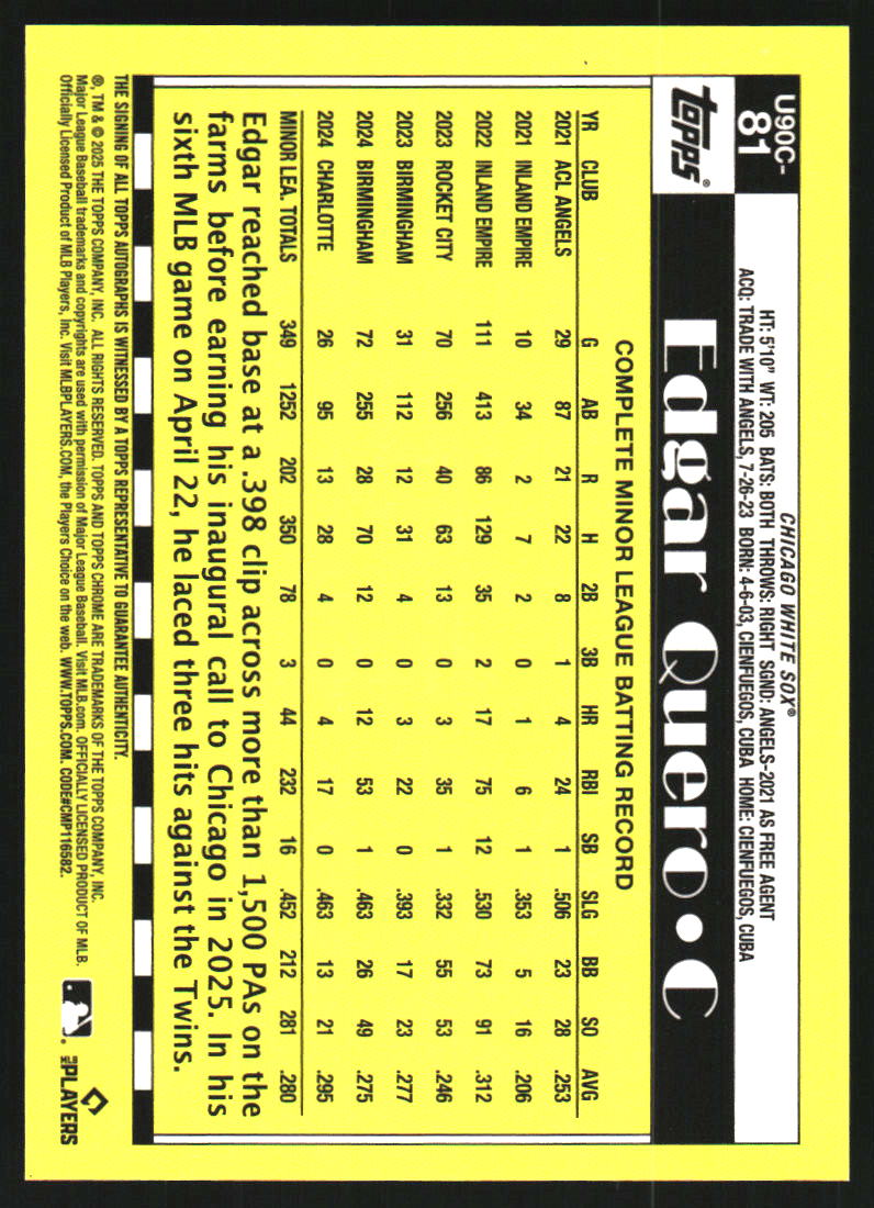2025 Topps Update '90 Topps Silver Pack Chrome Autographs #U90C81 Edgar Quero Auto /299