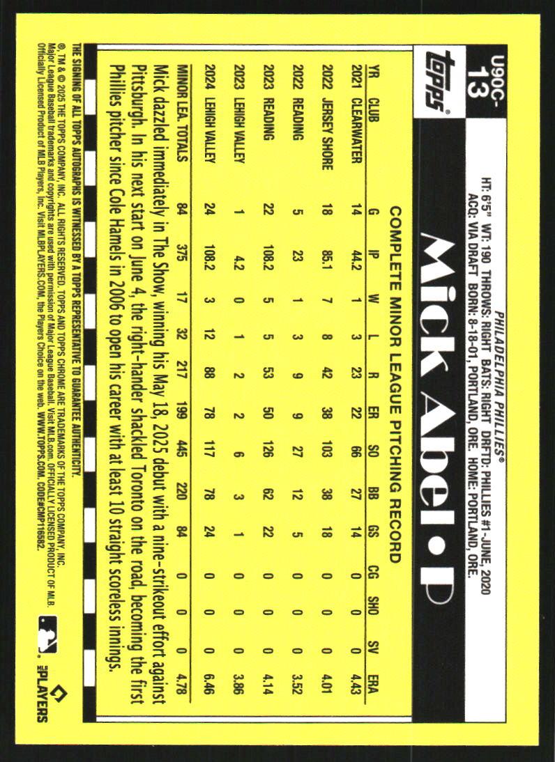 2025 Topps Update '90 Topps Silver Pack Chrome Autographs #U90C13 Mick Abel Auto /299