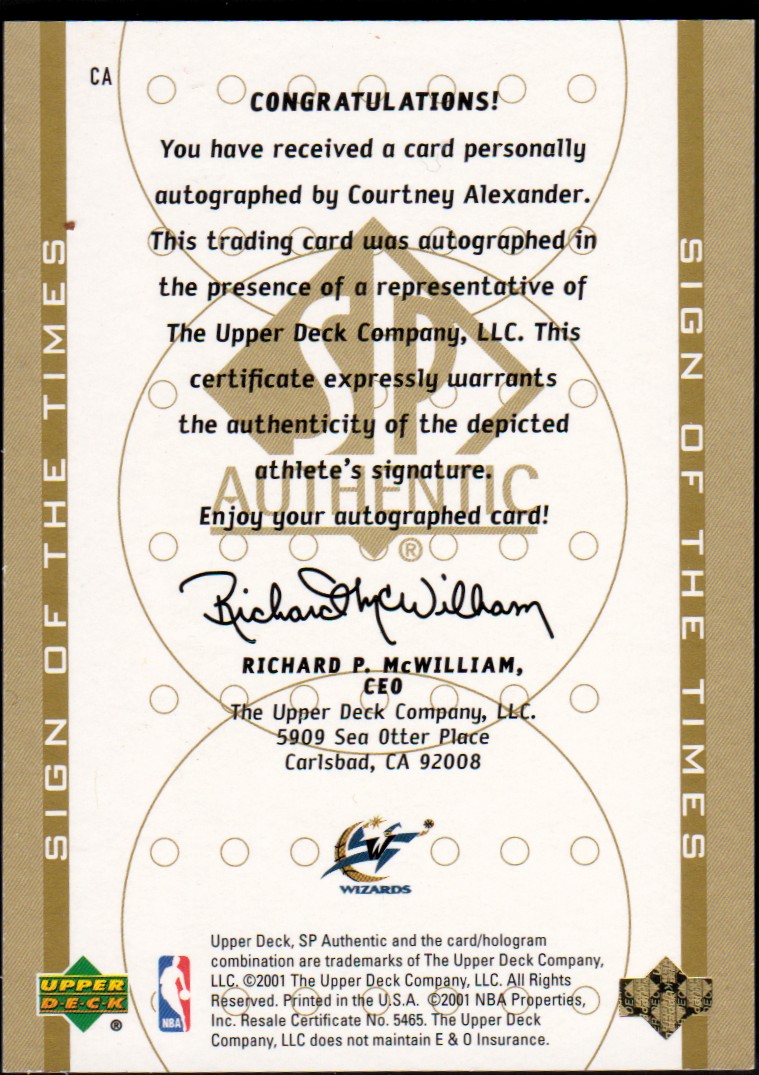 2000-01 SP Authentic Sign of the Times #CA Courtney Alexander back image