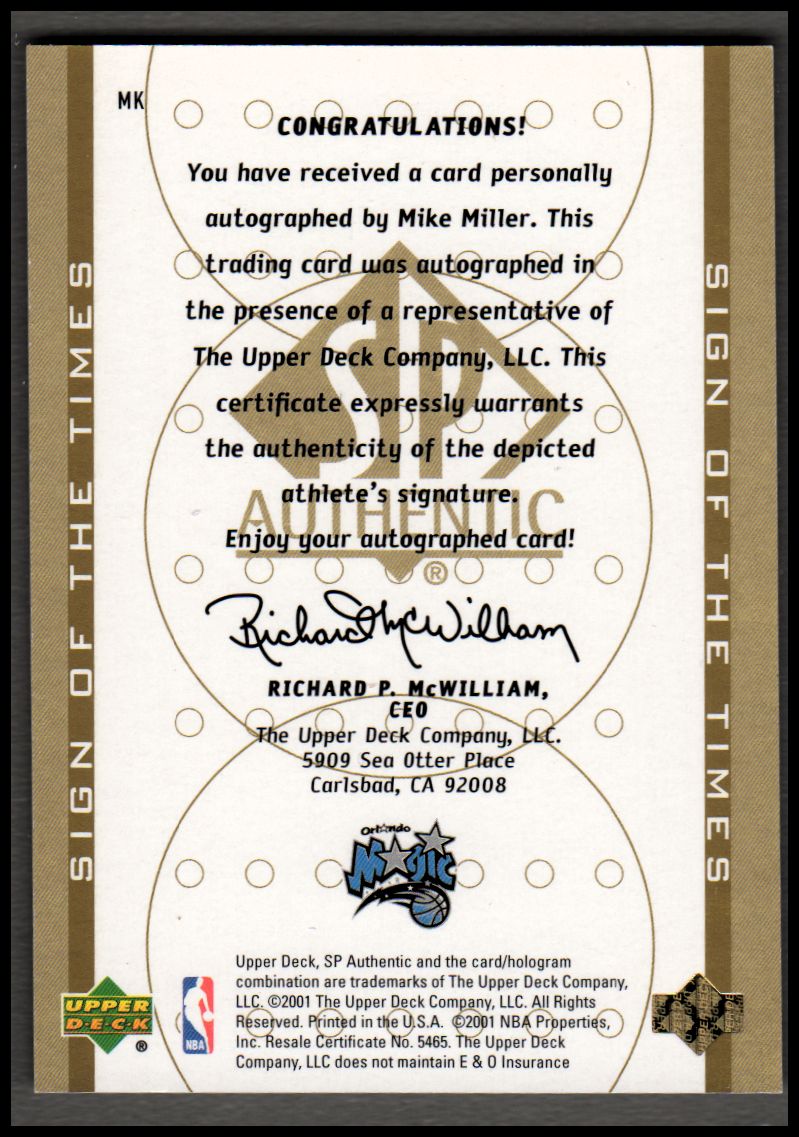 2000-01 SP Authentic Sign of the Times #MK Mike Miller back image