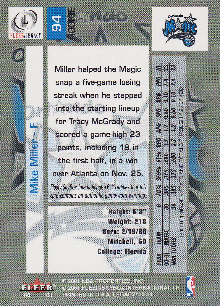 2000-01 Fleer Legacy #94 Mike Miller JSY RC back image
