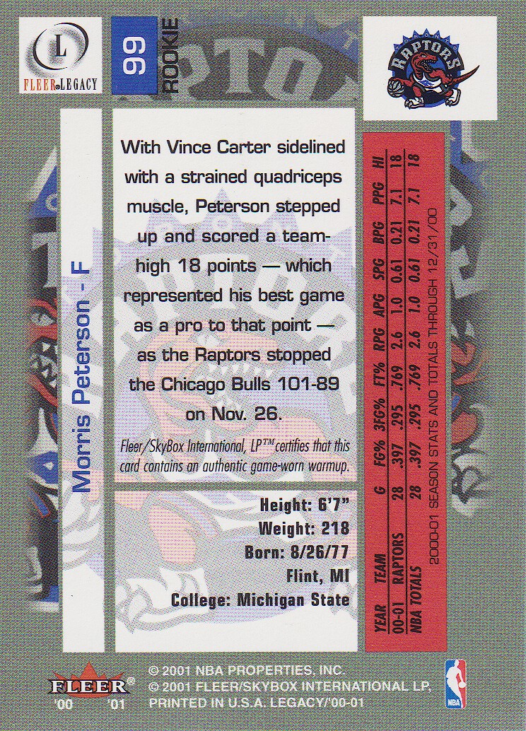 2000-01 Fleer Legacy #99 Morris Peterson JSY RC back image