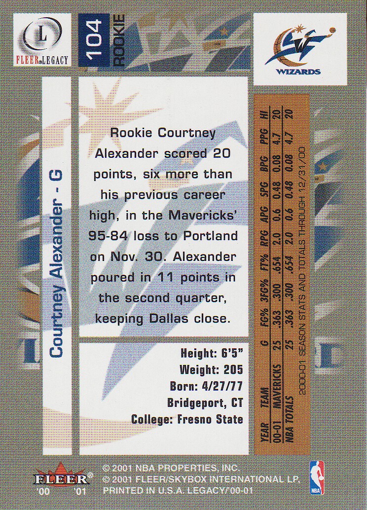 2000-01 Fleer Legacy #104 Courtney Alexander RC back image