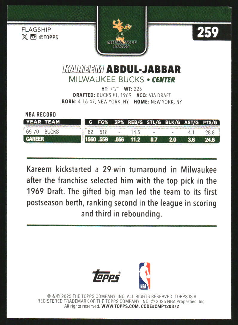 2025-26 Topps Purple Rainbow #259 Kareem Abdul-Jabbar /250