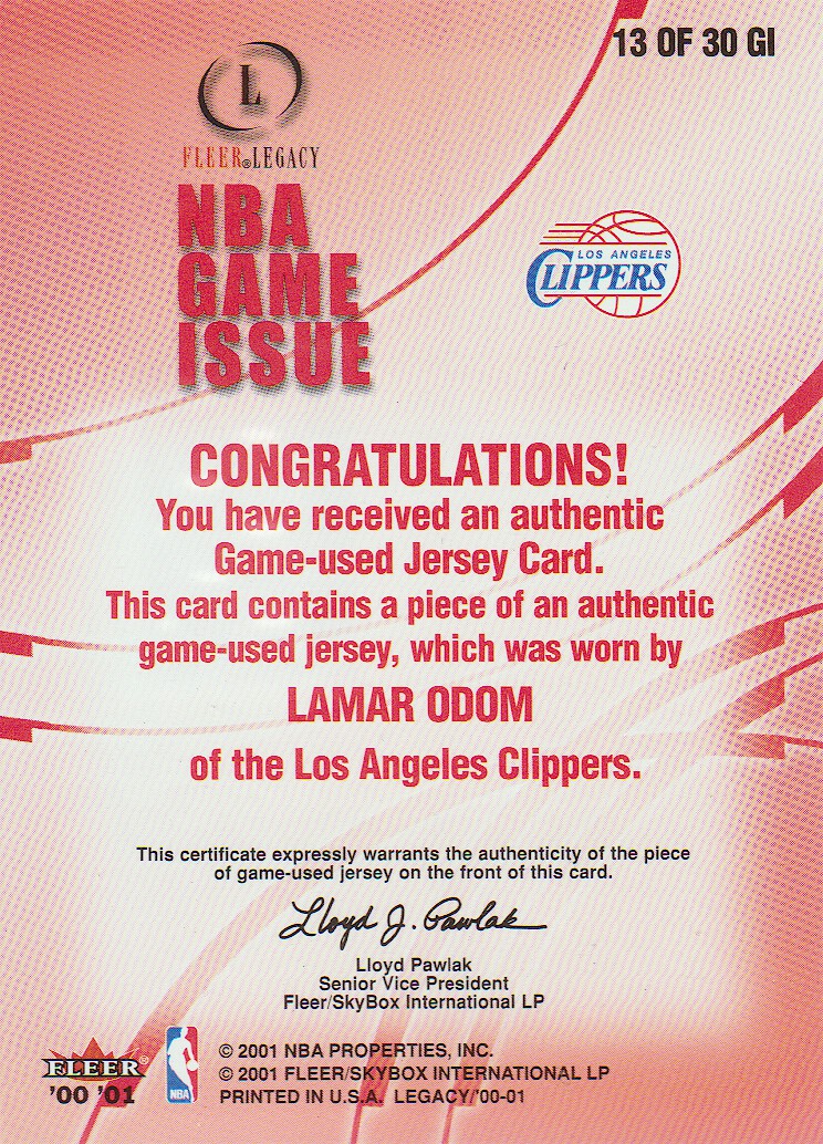 2000-01 Fleer Legacy NBA Game Issue #GI13 Lamar Odom back image