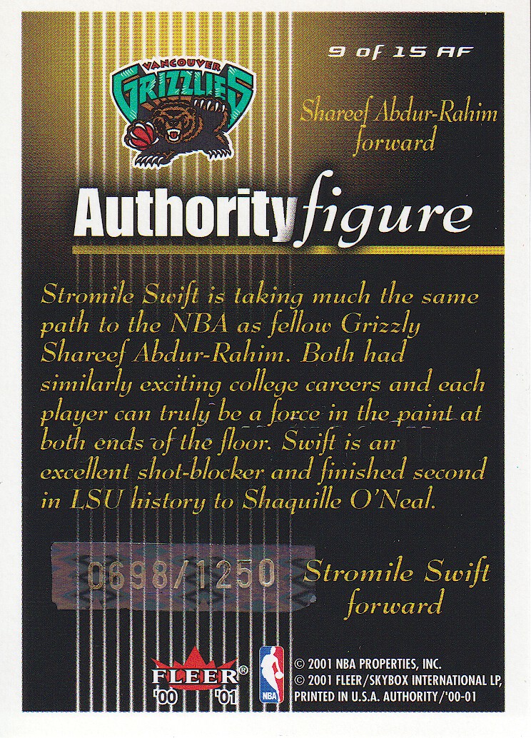 2000-01 Fleer Authority Figures #AF9 Stromile Swift/Shareef Abdur-Rahim back image