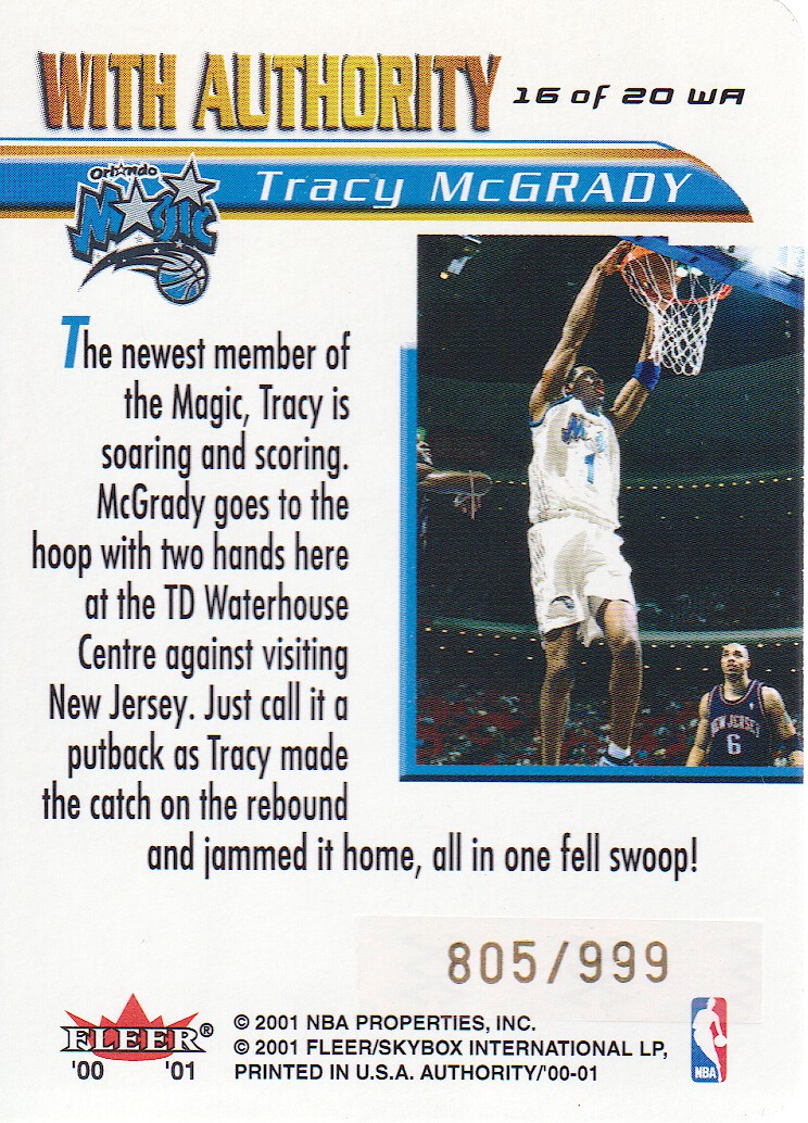 2000-01 Fleer Authority With Authority #WA16 Tracy McGrady back image