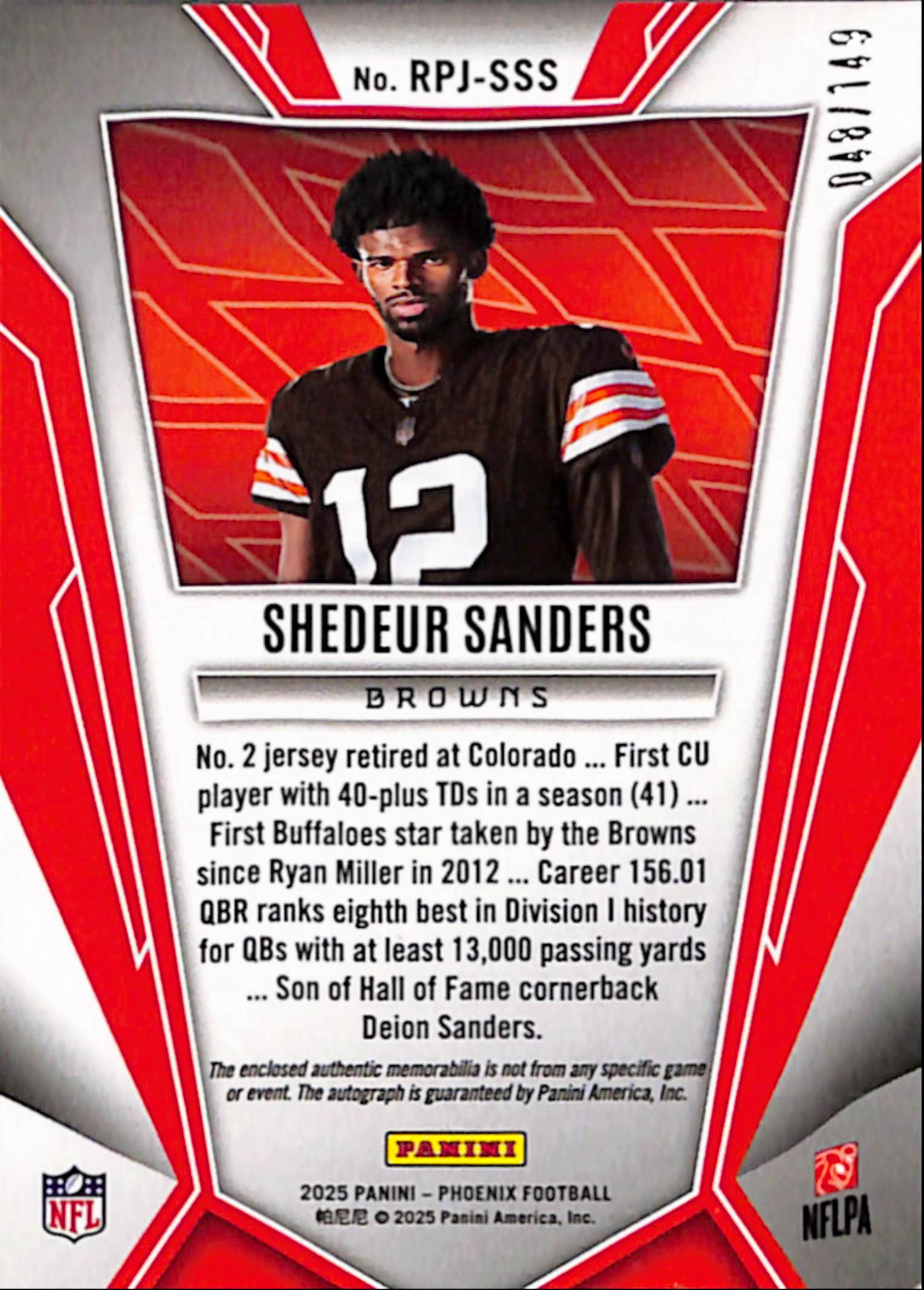 2025 Panini Phoenix Rookie Phenoms Jersey Autographs Silver #8 Shedeur Sanders back image