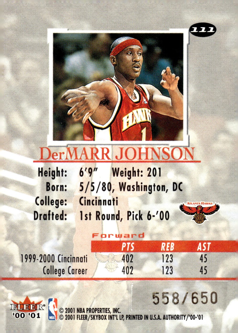 2000-01 Fleer Authority #111 DerMarr Johnson RC back image