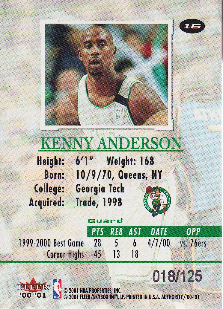 2000-01 Fleer Authority Prominence 125/75 #16 Kenny Anderson back image