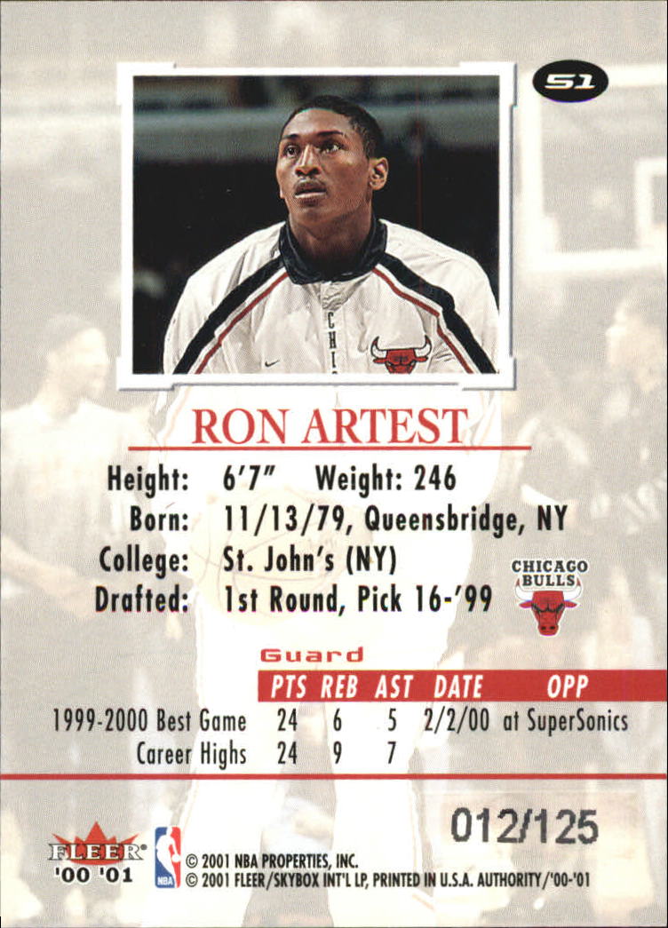 2000-01 Fleer Authority Prominence 125/75 #51 Ron Artest back image