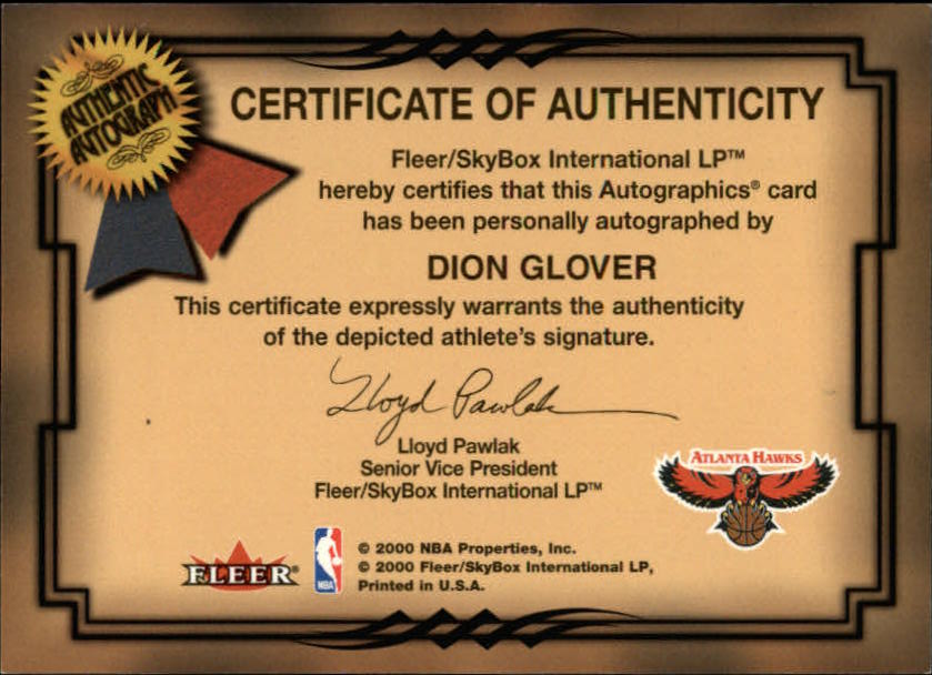 2000-01 Fleer Autographics #16 Dion Glover back image