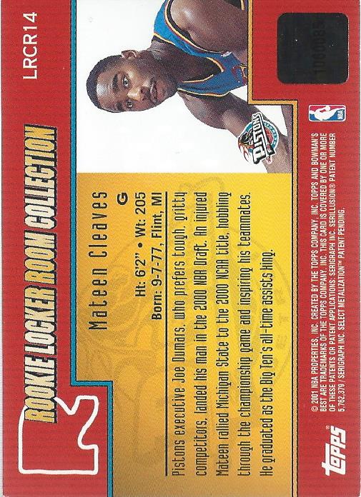 2000-01 Bowman's Best Rookie Locker Room Collection #LRCR14 Mateen Cleaves JSY back image
