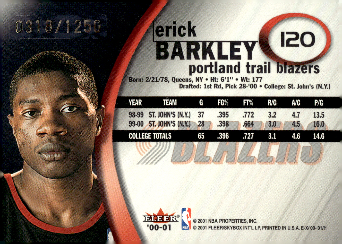 2000-01 E-X #120 Erick Barkley RC back image
