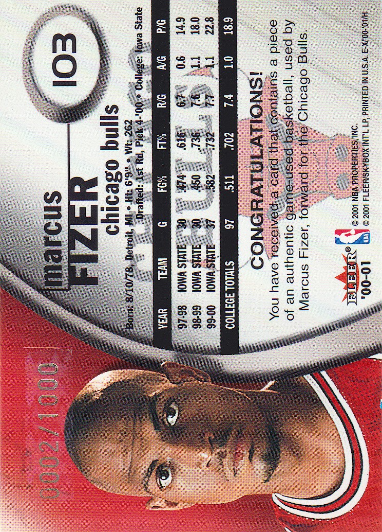2000-01 E-X Rookie Memorabilia #103 Marcus Fizer BALL/275 back image