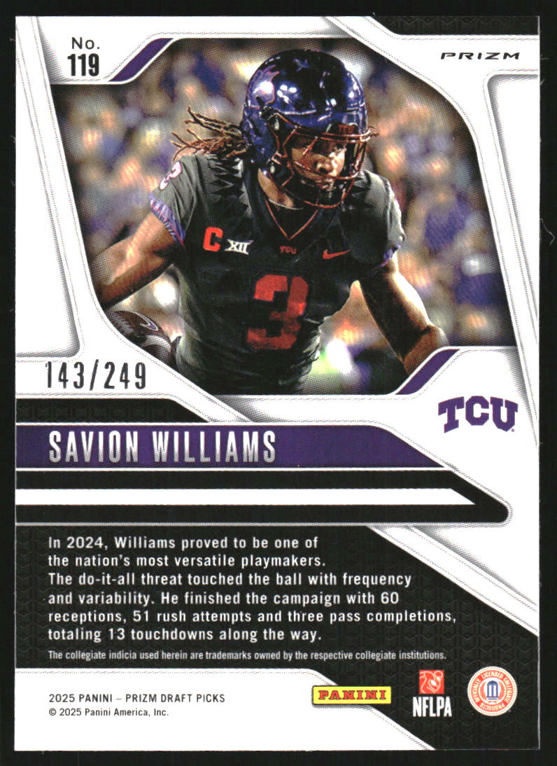 2025 Panini Prizm Draft Picks Prizms Blue #119 Savion Williams /249