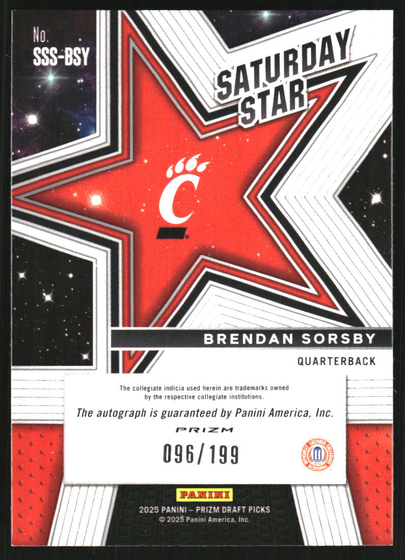 2025 Panini Prizm Draft Picks Saturday Star Signatures Purple Ice #36 Brendan Sorsby Auto /199