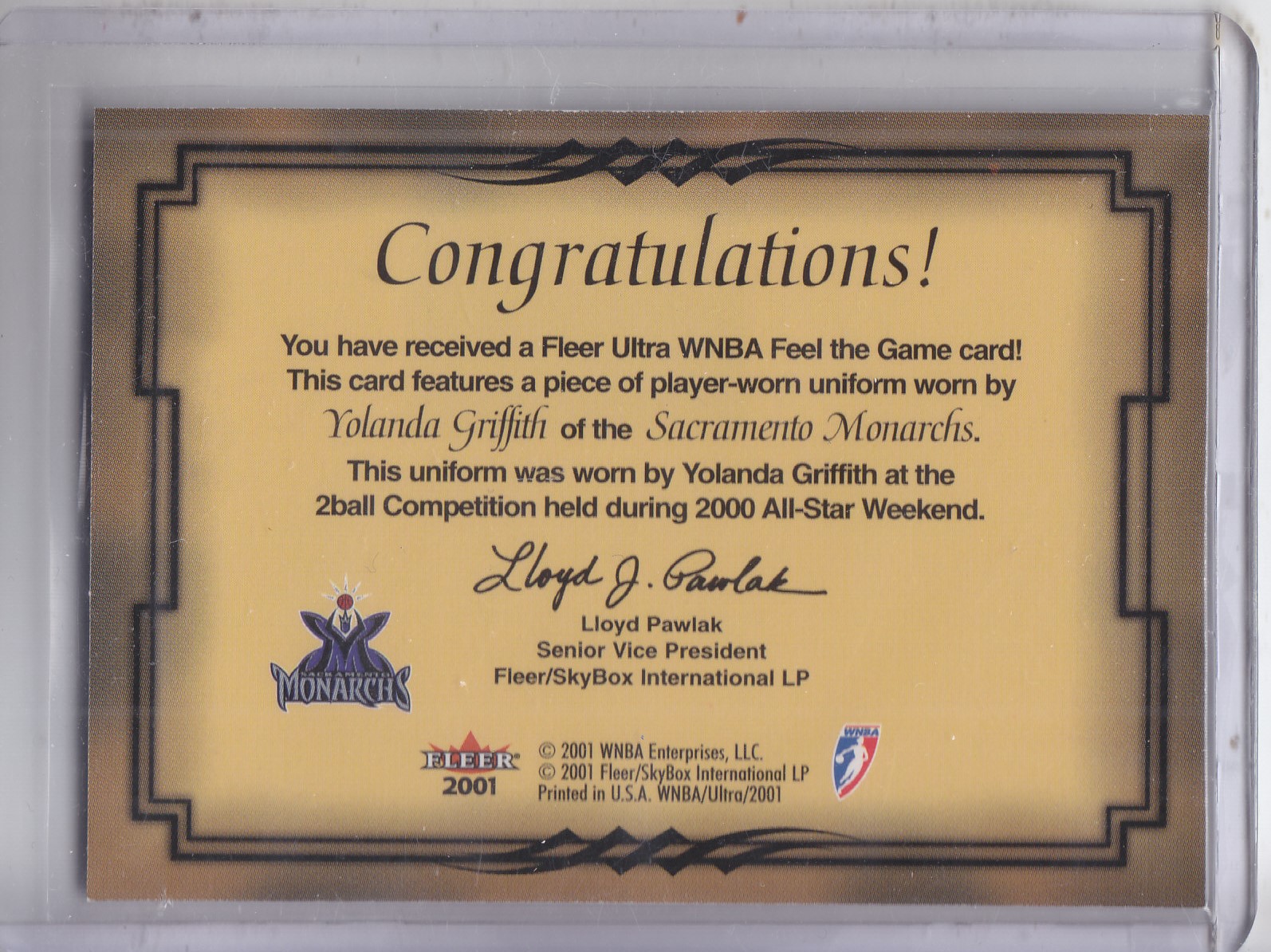 2001 Ultra WNBA Feel the Game #3 Yolanda Griffith back image