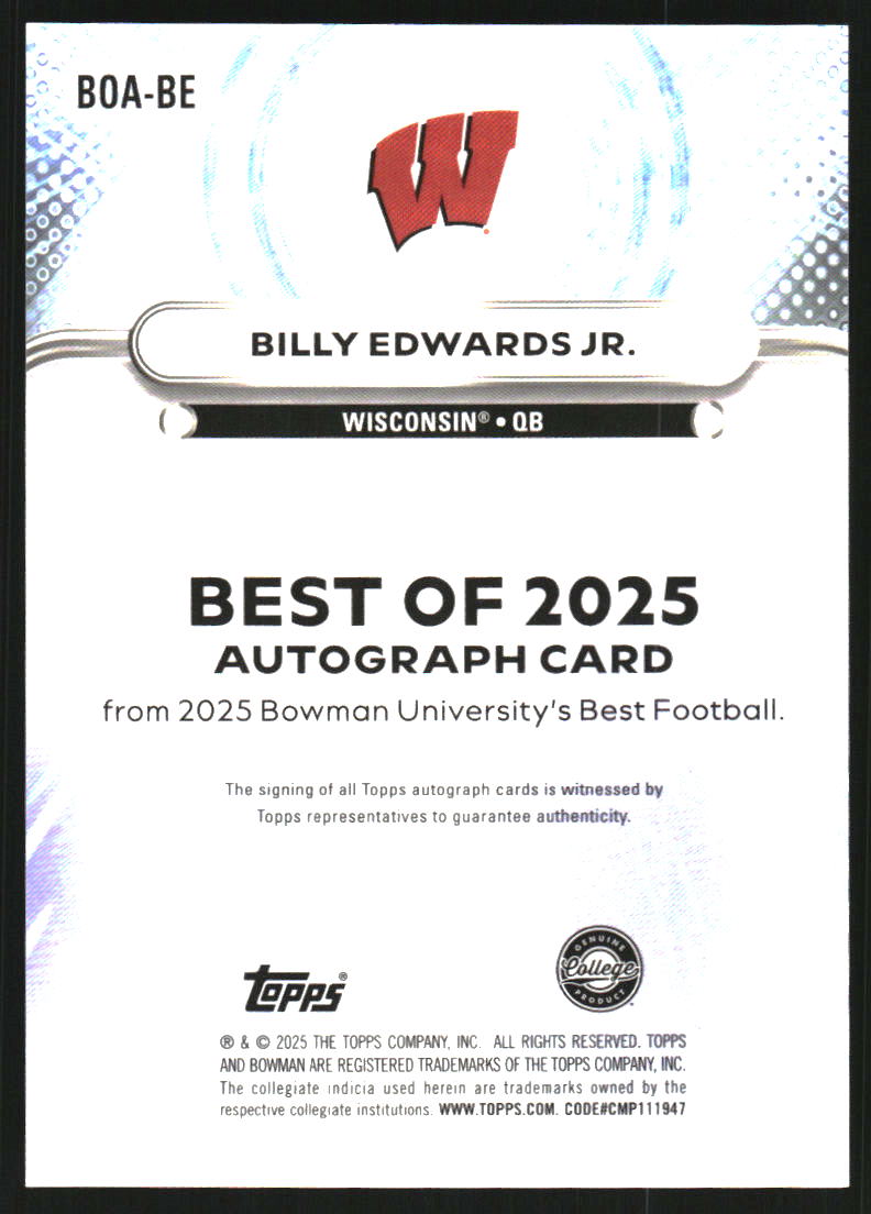 2025 Bowman's Best University Best of '25 Autographs #BOABE Billy Edwards Jr. Auto