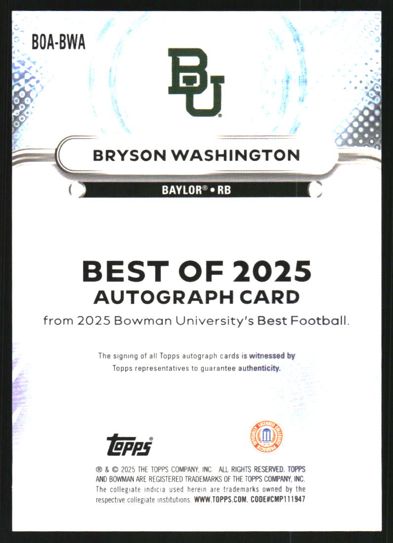 2025 Bowman's Best University Best of '25 Autographs #BOABWA Bryson Washington Auto