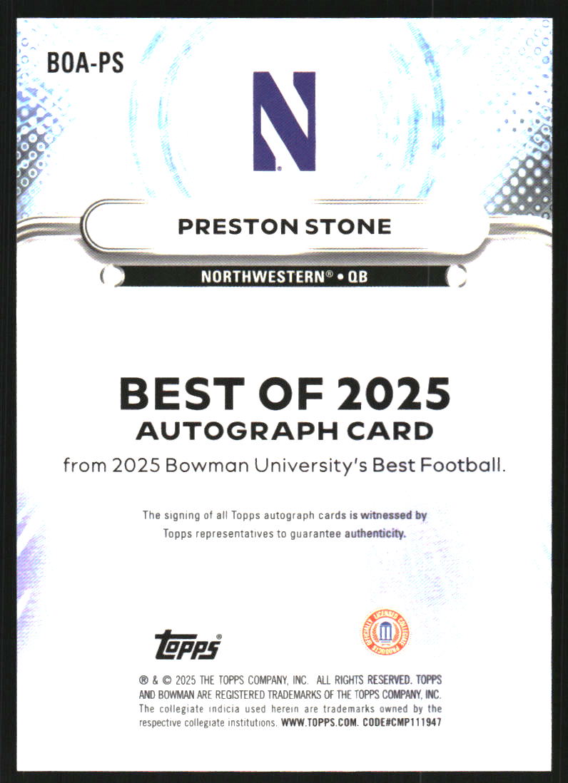 2025 Bowman's Best University Best of '25 Autographs #BOAPS Preston Stone Auto