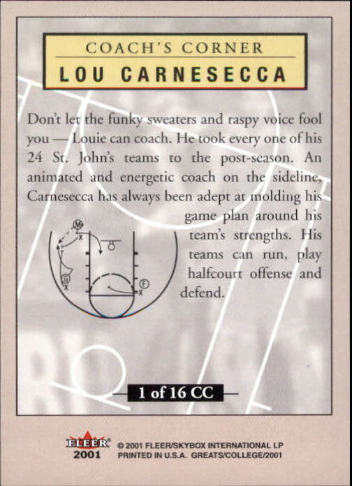 2001 Greats of the Game Coach's Corner #CC1 Lou Carnesecca back image