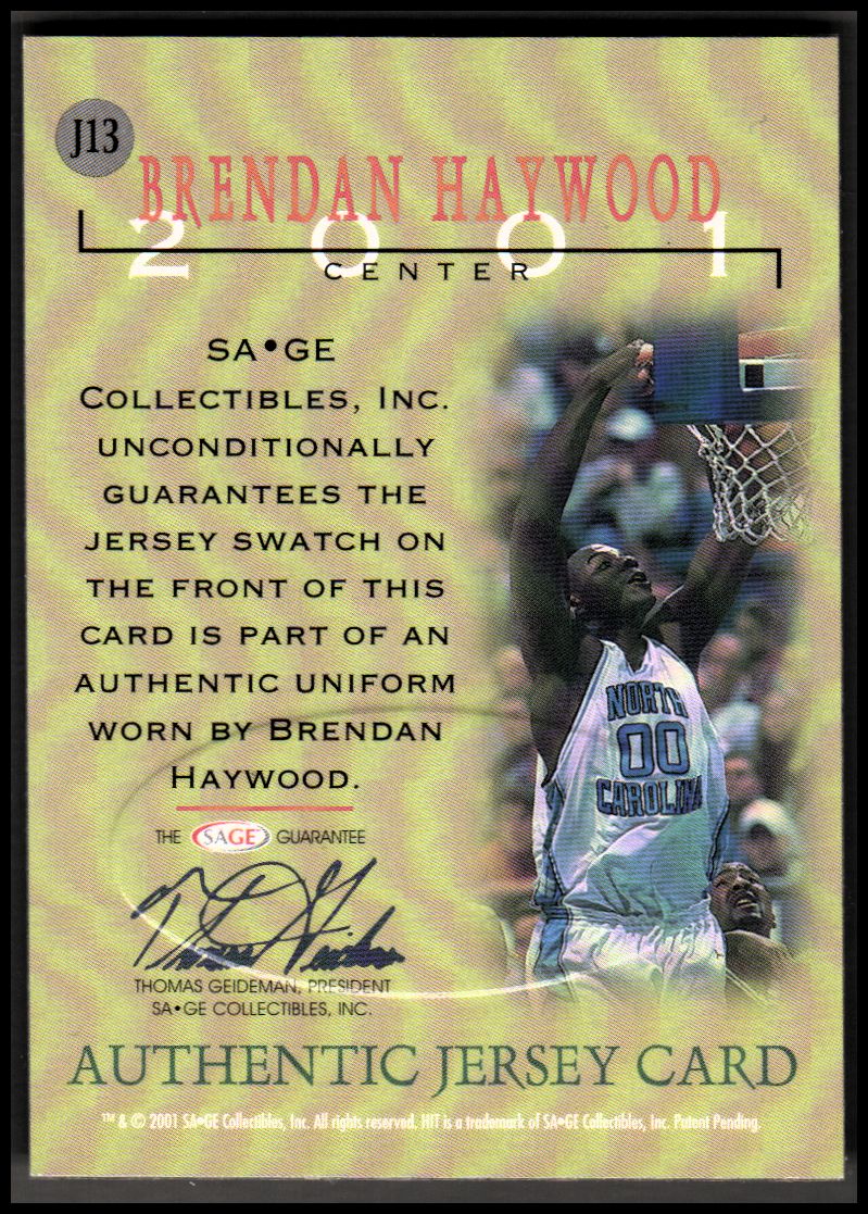 2001 SAGE HIT Authentic Jerseys #J13 Brendan Haywood back image