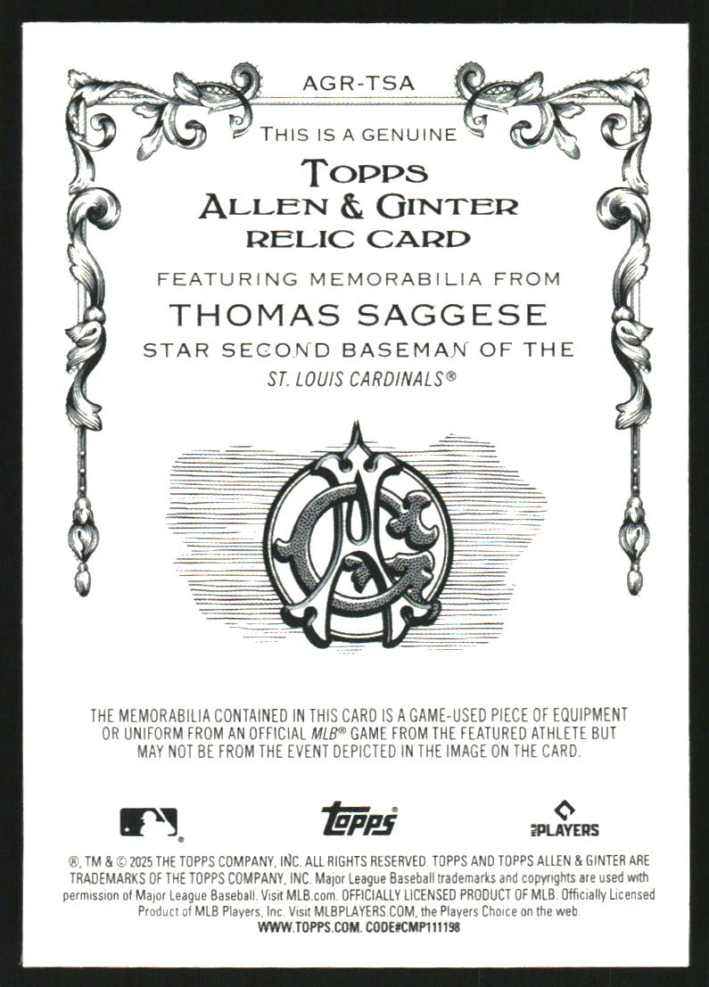 2025 Topps Allen and Ginter Relics #AGRTSA Thomas Saggese