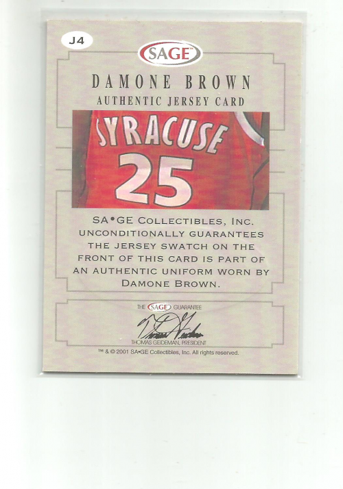 2001 SAGE Authentic Jerseys Red #J4 Damone Brown back image
