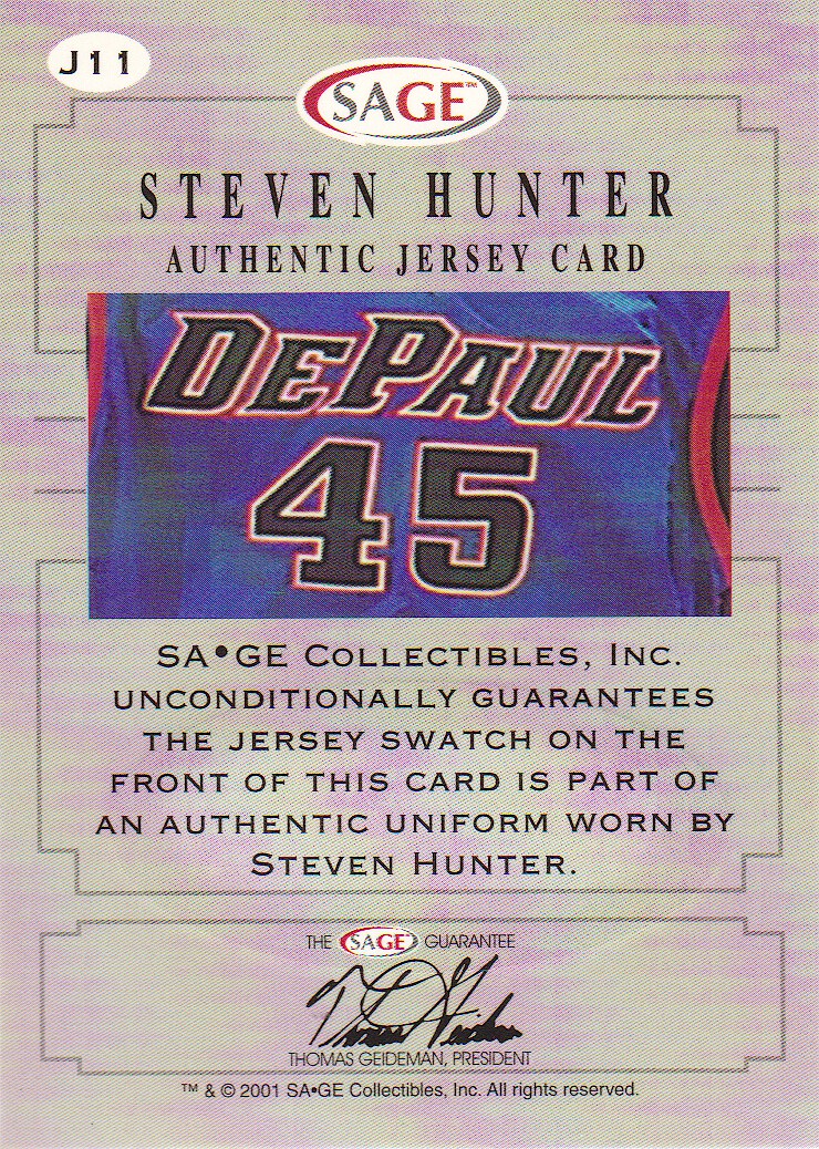 2001 SAGE Authentic Jerseys Red #J11 Steven Hunter back image