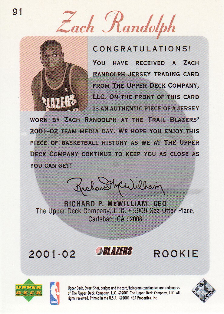 2001-02 Sweet Shot Rookie Memorabilia #91 Zach Randolph back image