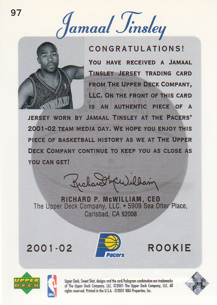 2001-02 Sweet Shot Rookie Memorabilia #97 Jamaal Tinsley back image