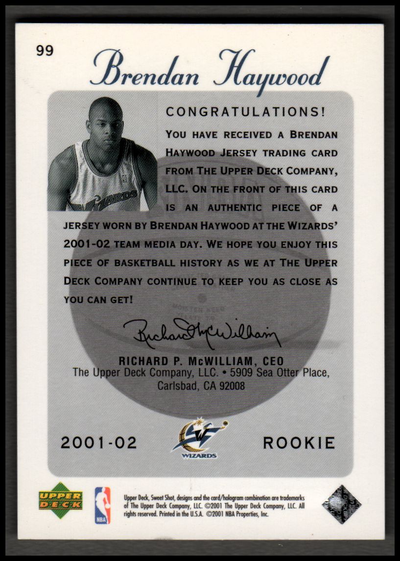 2001-02 Sweet Shot Rookie Memorabilia #99 Brendan Haywood back image