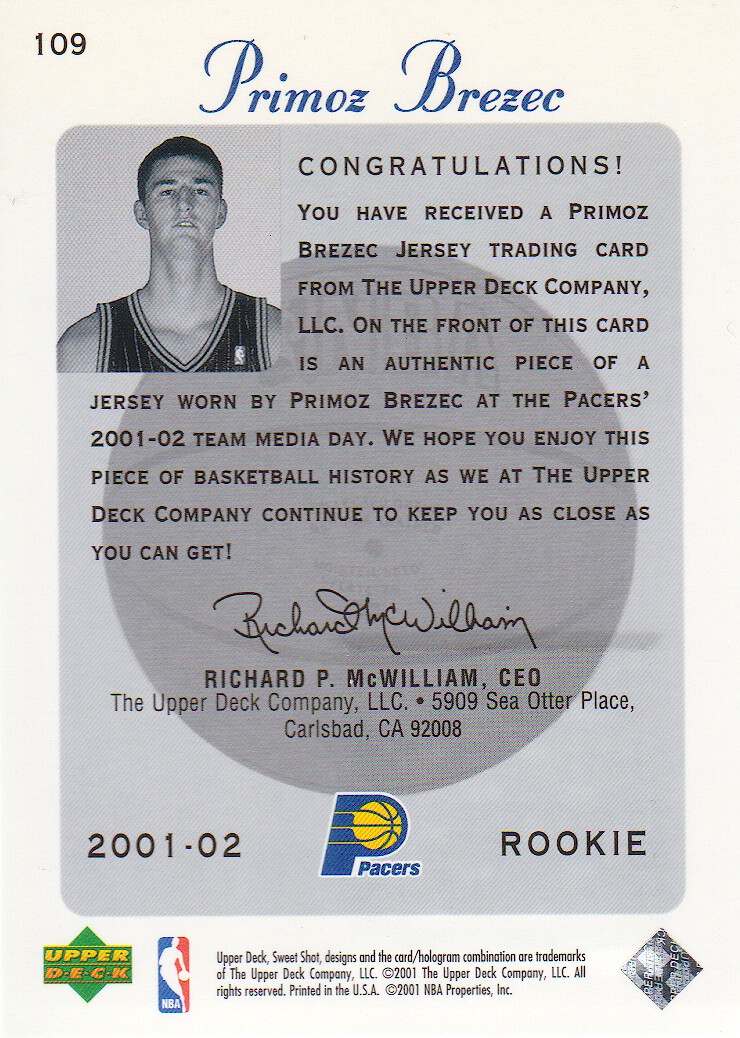 2001-02 Sweet Shot Rookie Memorabilia #109 Primoz Brezec back image