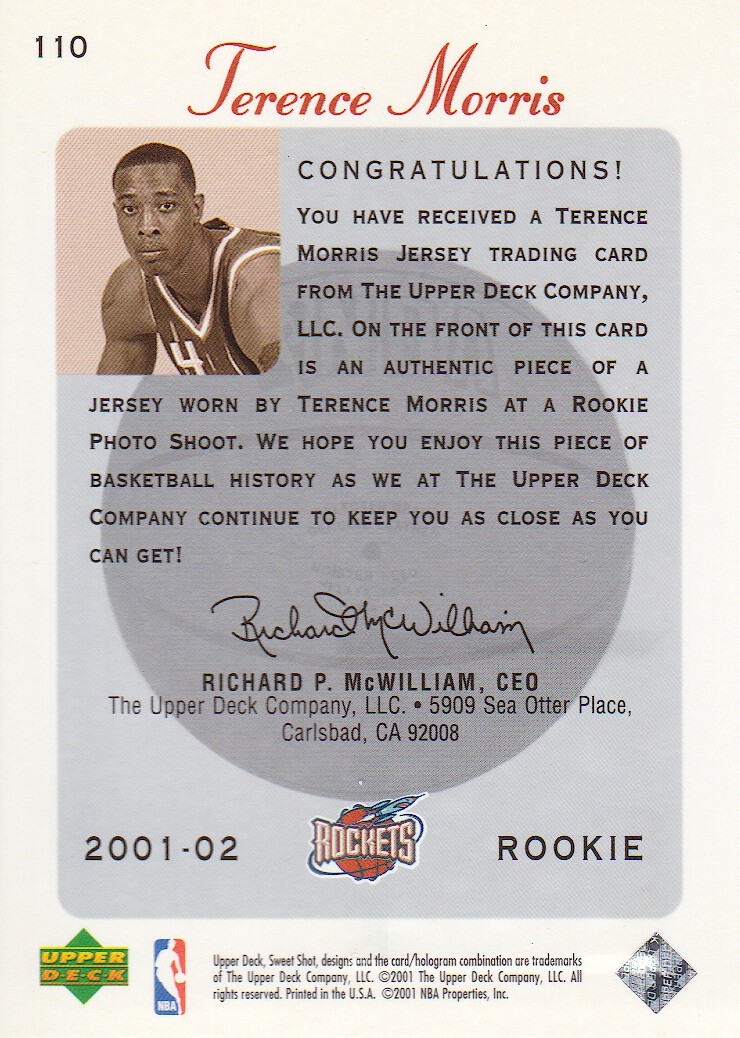 2001-02 Sweet Shot Rookie Memorabilia #110 Terence Morris back image