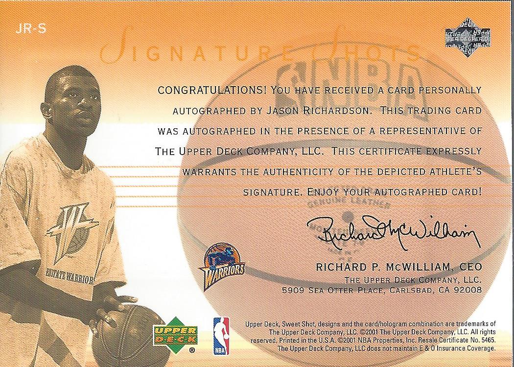 2001-02 Sweet Shot Signature Shots #JRS Jason Richardson back image